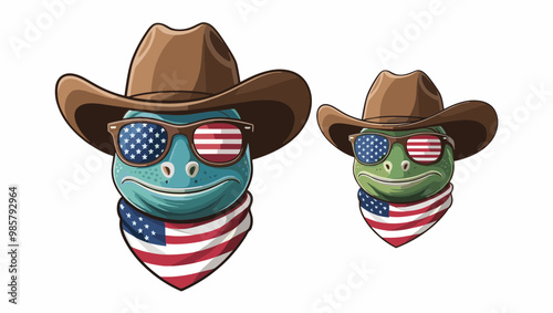 Two cartoon frogs wearing cowboy hats and sunglasses with American flags, showcasing a fun and patriotic theme.