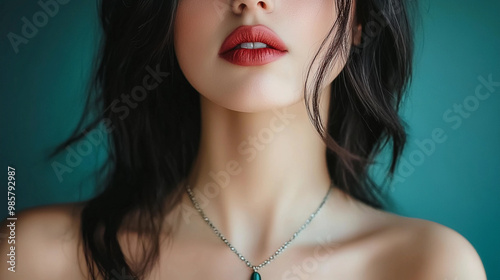 A woman with long hair and a necklace is wearing red lipstick. The necklace is silver and has a blue pendant. The woman's face is the main focus of the image