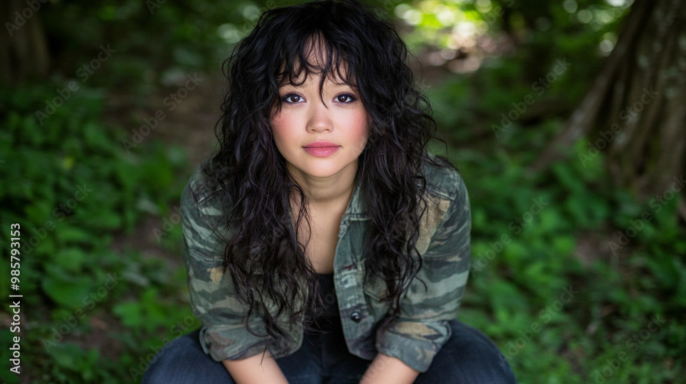 A woman with long hair is sitting in a forest. She is wearing a camo jacket and has her hair pulled back