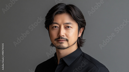 A man with a beard and long hair is wearing a black shirt. He is looking at the camera