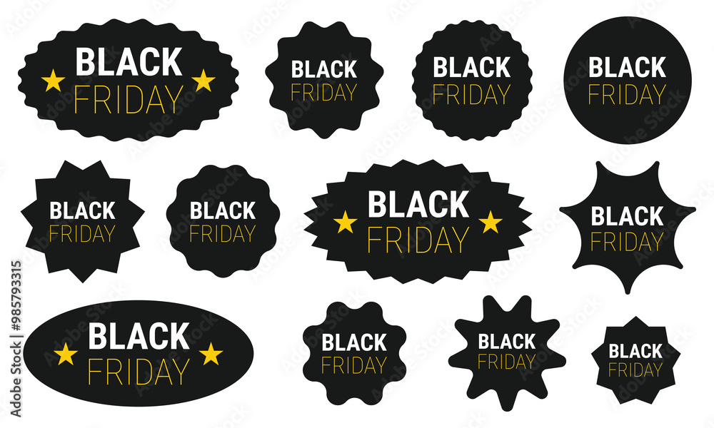 Black Friday stickers isolated on white background. Set of starburst and round stickers
