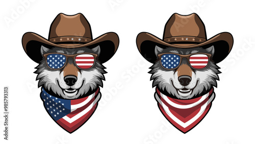 Stylish wolf portraits wearing cowboy hats and American flag accessories, perfect for patriotic themes and artistic projects.