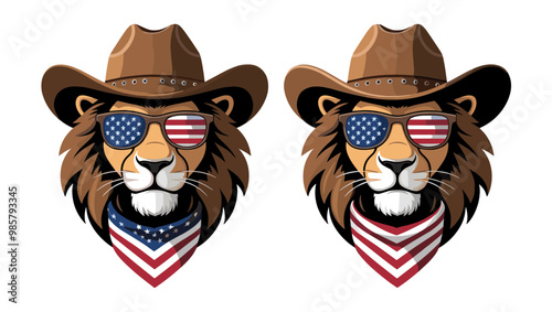Stylish lion illustration wearing sunglasses and cowboy hat, featuring American flag design. Perfect for various creative projects.