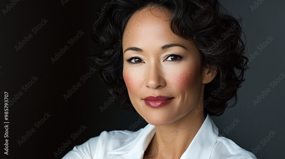 A woman with a red lip and a black bob. She is wearing a white shirt A woman with a red lip and a black bob. She is wearing a white shirt