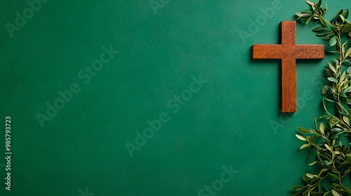 A wooden cross on a green wall with leaves photo