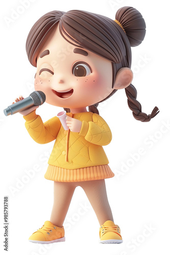 3d a cute girl holding microphone standing and singing a song cut out