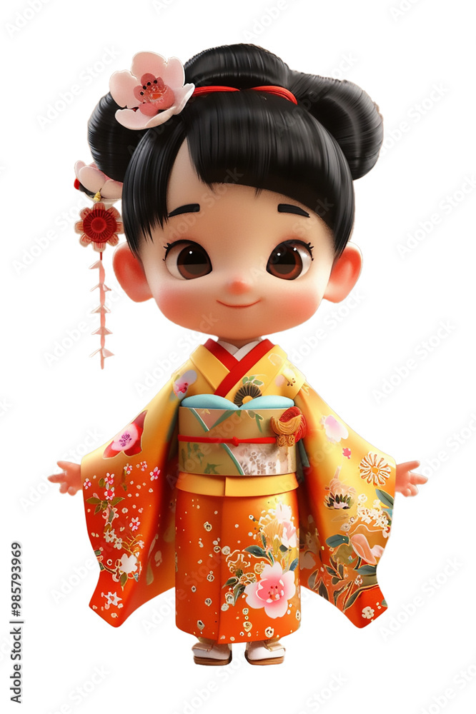 3d cute Japanese girl in Kimono, character cartoon, cut out 3d cute Japanese girl in Kimono, character cartoon, cut out