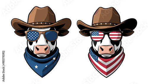 Illustration of two stylish cows in cowboy hats with sunglasses, showcasing American pride through unique bandanas.