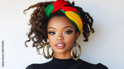 A woman with a red, yellow, and green head scarf is wearing gold hoop earrings. She has a bright smile and is posing for the camera photo