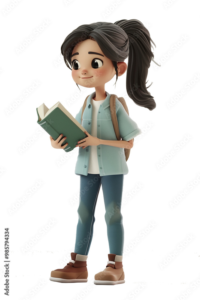 cut out 3d rendering a shy girl with a ponytail holding a book in hands, character cartoon cut out 3d rendering a shy girl with a ponytail holding a book in hands, character cartoon