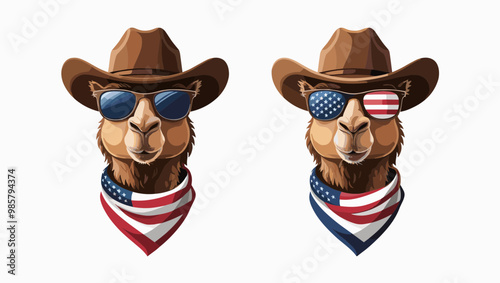 Cool cartoon llamas wearing hats and sunglasses with American flag accents, perfect for patriotic designs and merchandise.