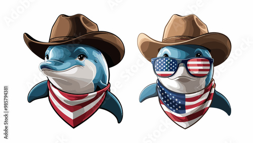 Cheerful cartoon dolphins wearing cowboy hats and American-themed accessories, perfect for patriotic and playful designs.