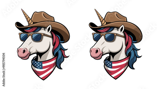 A whimsical unicorn wearing sunglasses and a cowboy hat, adorned with an American bandana, perfect for playful designs.