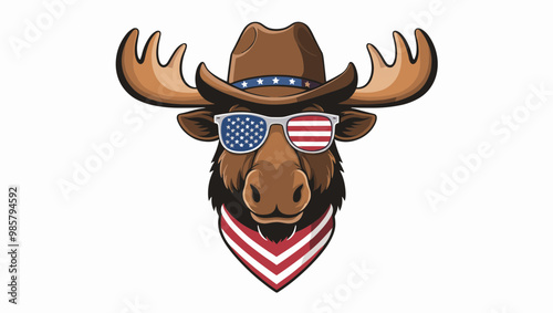 A playful moose character wearing sunglasses and a cowboy hat, showcasing a patriotic theme with American colors.