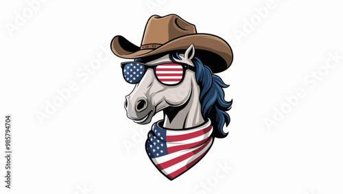 A patriotic horse with sunglasses and a cowboy hat, featuring an American flag theme, perfect for western or Americana designs.