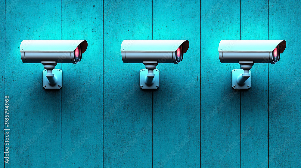 Three security cameras are mounted on a wall. The wall is blue and the cameras are white. The cameras are all facing the same direction Three security cameras are mounted on a wall. The wall is blue and the cameras are white. The cameras are all facing the same direction