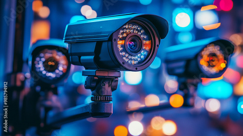 Three security cameras are mounted on a pole, with one of them having a yellow lens. The scene is set in a city, with the lights of the buildings and streetlights creating a bright photo