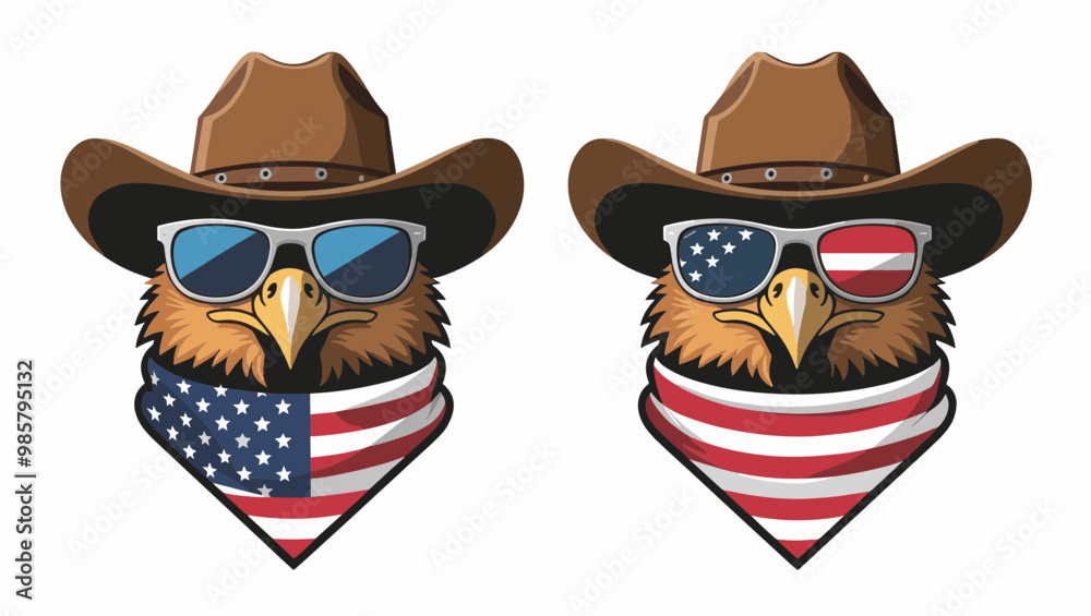 A fun and patriotic illustration of an eagle wearing sunglasses and a cowboy hat, decorated with American flag patterns. A fun and patriotic illustration of an eagle wearing sunglasses and a cowboy hat, decorated with American flag patterns.
