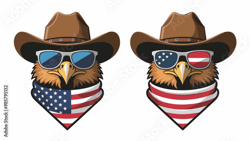 A fun and patriotic illustration of an eagle wearing sunglasses and a cowboy hat, decorated with American flag patterns.