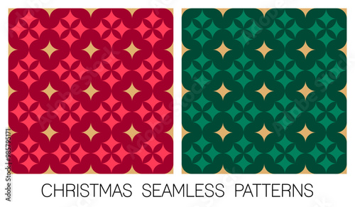 Set of red and green geometric elements with gold star seamless pattern design for christmas and new year background.