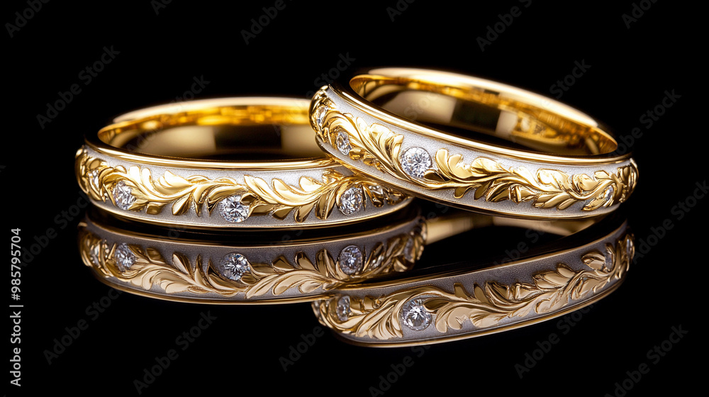 Two gold and white rings with diamonds on them. The rings are reflecting each other in a mirror Two gold and white rings with diamonds on them. The rings are reflecting each other in a mirror