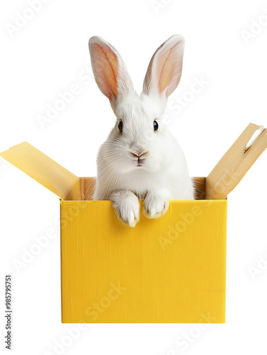 a white rabbit sitting in a yellow cardboard box cut out photo