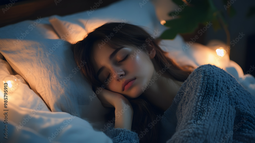 Close up Young woman sleeping at night Close up Young woman sleeping at night
