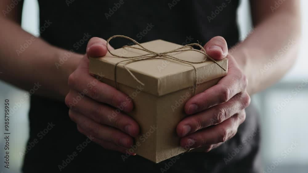 Slow motion young man shows brown craft paper gift box Slow motion young man shows brown craft paper gift box