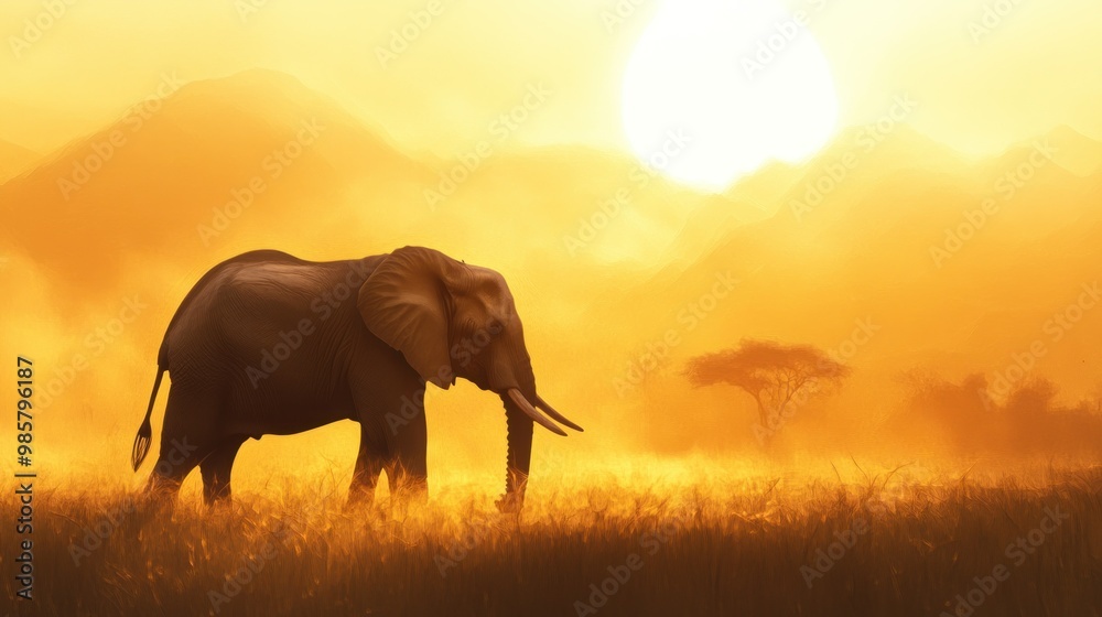 Naklejka premium Elephant Silhouetted Against Golden Sunset in African Savanna