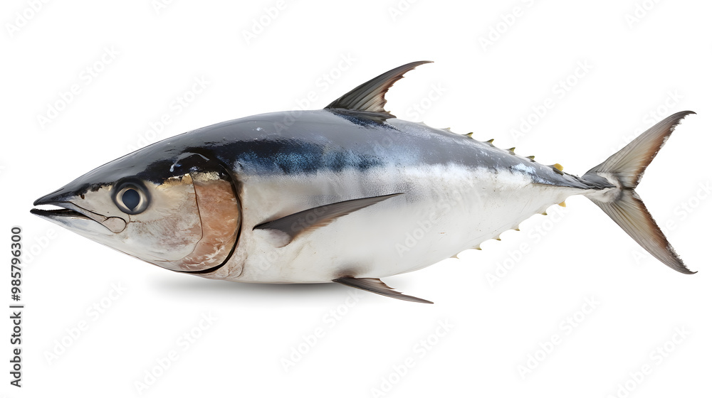 Fresh whole tuna fish with glossy silver skin isolated on white background Fresh whole tuna fish with glossy silver skin isolated on white background