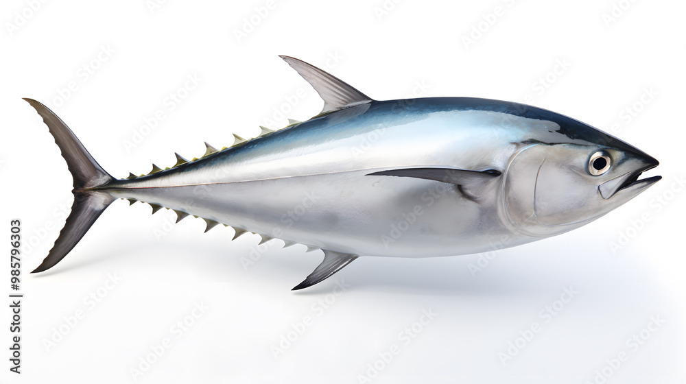 Fototapeta premium Fresh whole tuna fish with glossy silver skin isolated on white background