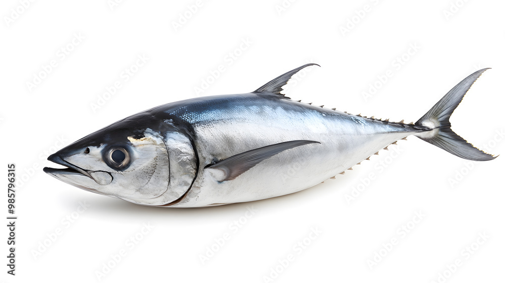 Fresh whole tuna fish with glossy silver skin isolated on white background Fresh whole tuna fish with glossy silver skin isolated on white background