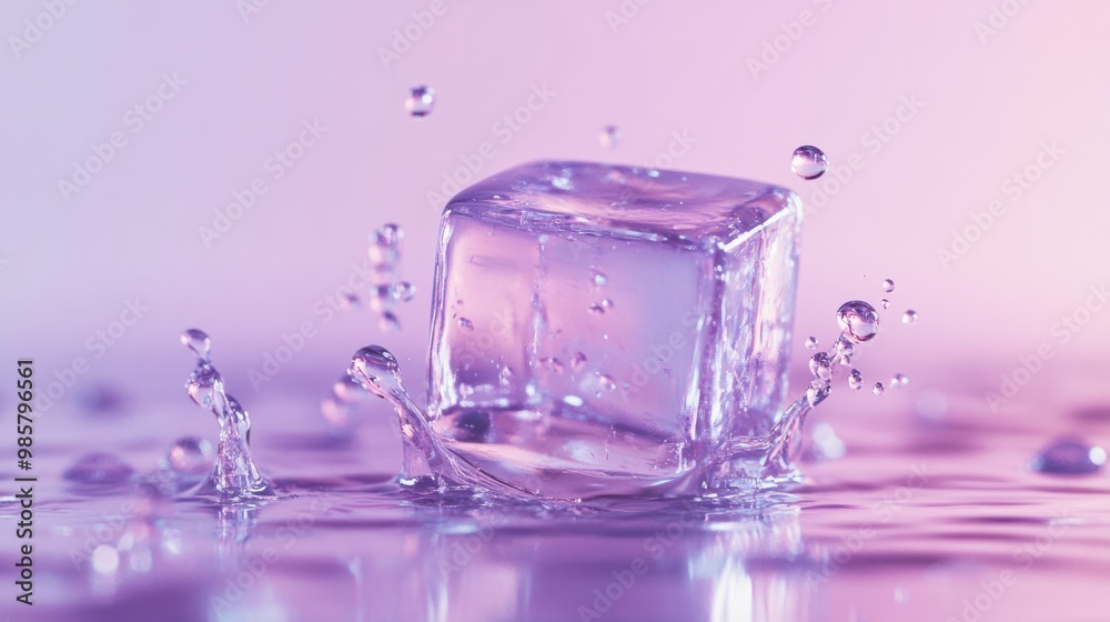 An ice cube in motion, reflecting light on a pastel lavender backdrop, droplets suspended mid-air. An ice cube in motion, reflecting light on a pastel lavender backdrop, droplets suspended mid-air.