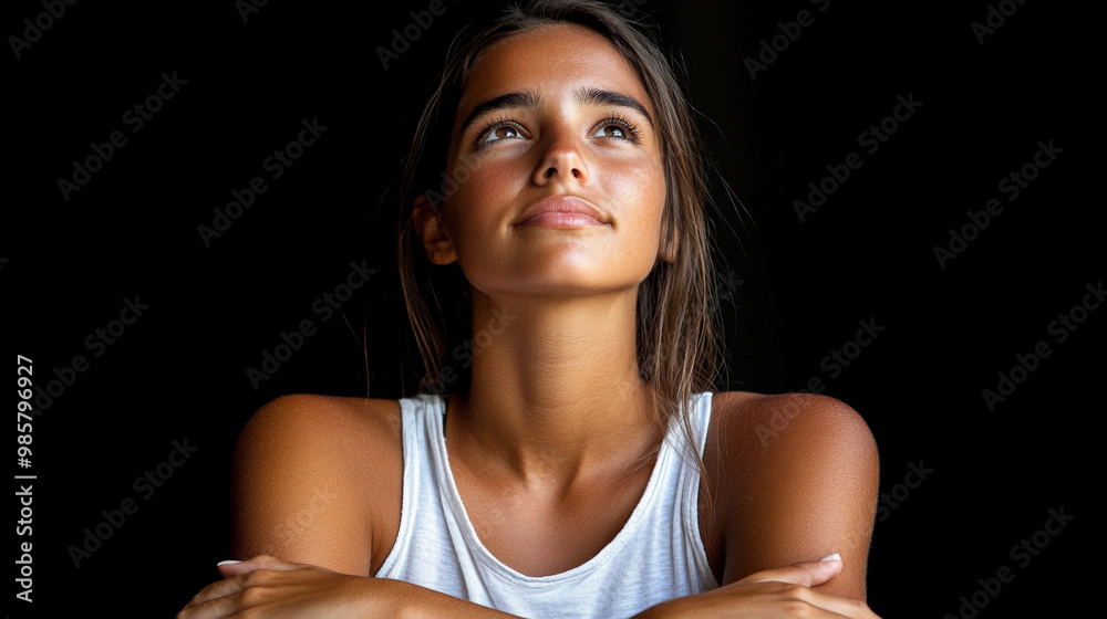 Fototapeta premium A woman with a smile on her face is looking up at something. She is wearing a white tank top and has her arms crossed