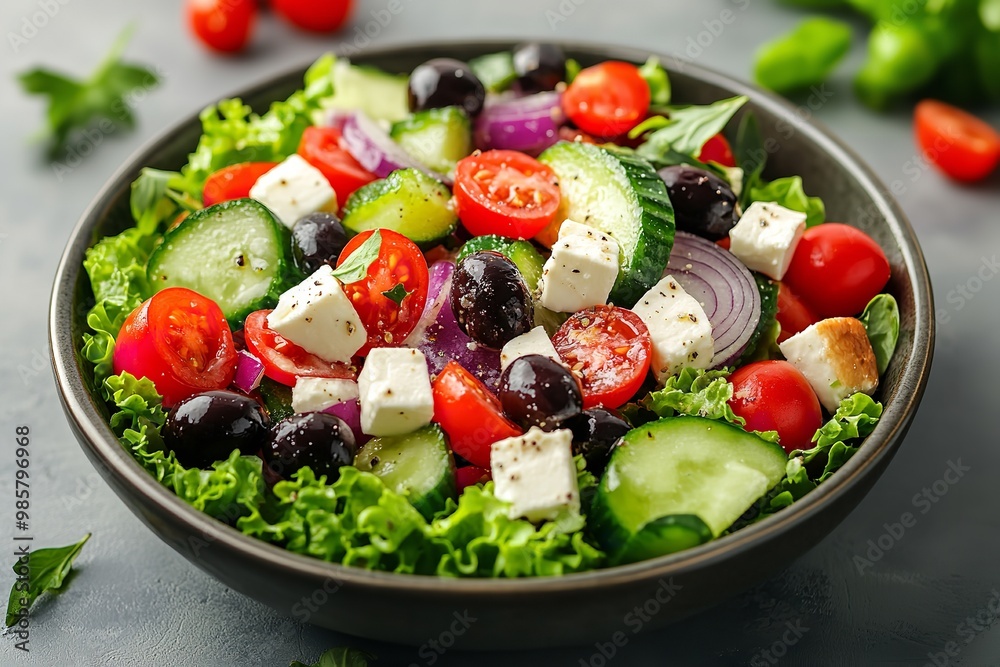 A mouthwatering Greek salad set off against a white backdrop. Generative Ai A mouthwatering Greek salad set off against a white backdrop. Generative Ai