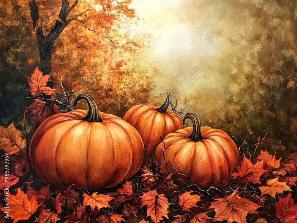Autumn Scene with Pumpkins and Vibrant Leaves Autumn Scene with Pumpkins and Vibrant Leaves
