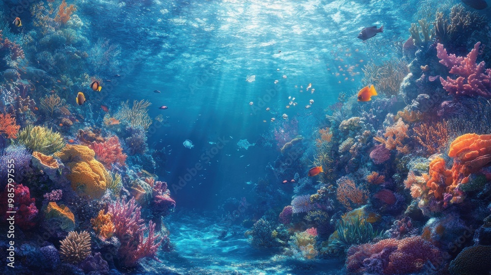 Fototapeta premium Underwater Scene with Colorful Coral Reef and Fish