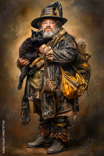 Witcher Man.  Generated image.  A digital illustration of a fat, ugly, evil man wearing a witch’s hat and holding a black cat.