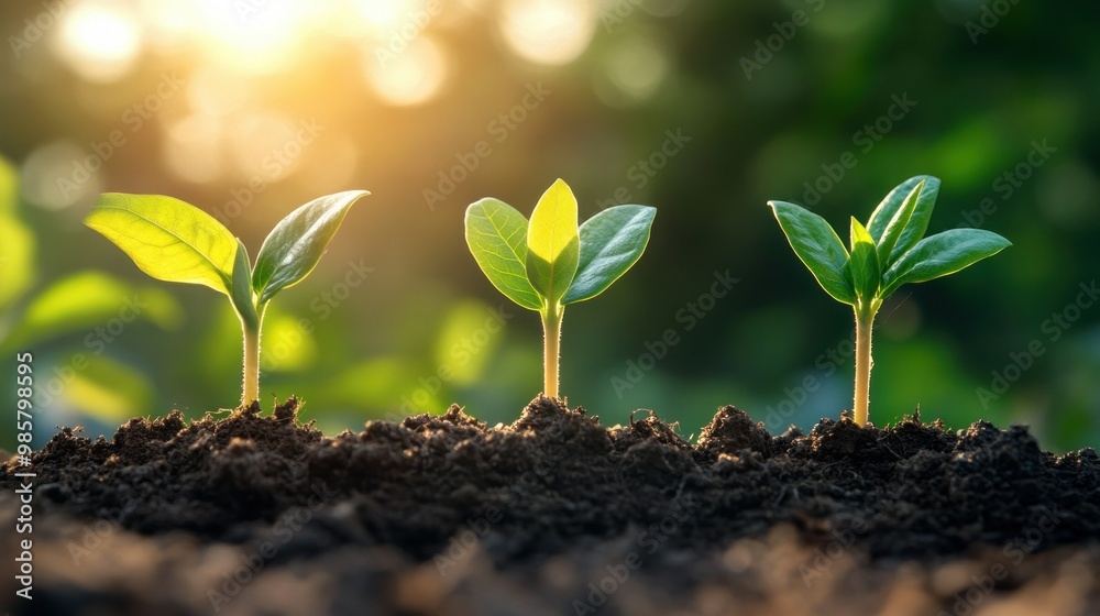 Three Young Green Seedlings Emerging From Soil in Sunlight
