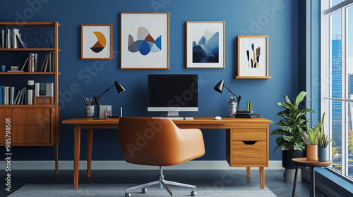 Motivational posters on a home office wall, with messages like Stay Focused and Work Hard, in a minimalist workspace