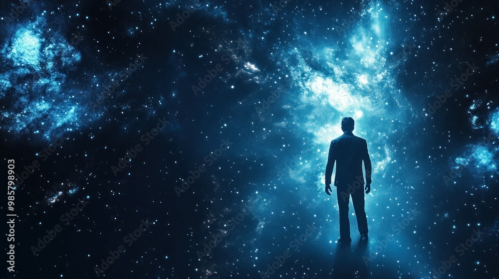 Fototapeta premium Silhouette of a Man Standing Before a Starry Sky