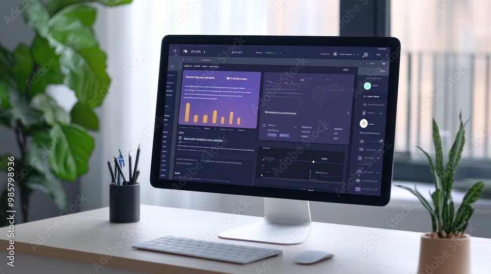 A Modern Workspace with a Computer Displaying Financial Data and Charts A Modern Workspace with a Computer Displaying Financial Data and Charts