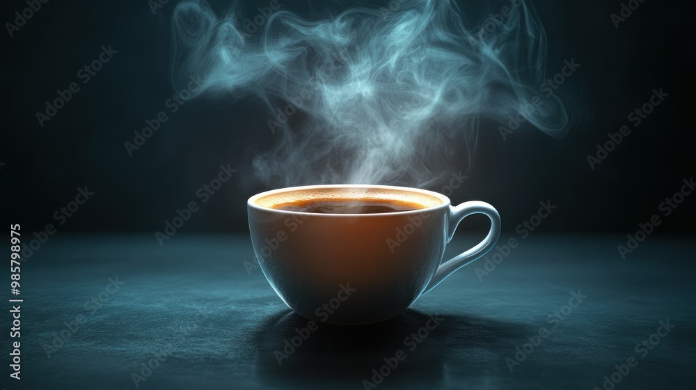 A steaming cup of coffee on a dark blue surface A steaming cup of coffee on a dark blue surface