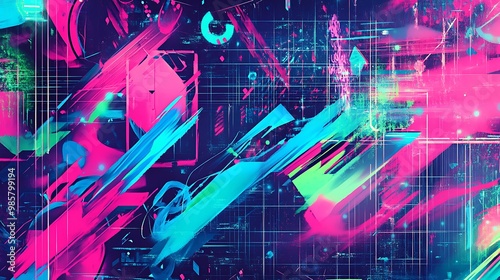 Abstract Digital Art with Pink, Blue, and Green Strokes on a Grid photo