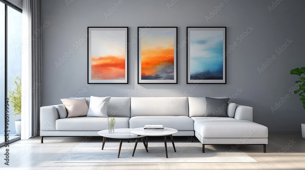 Modern Lounge with a White Sectional and Three Unique Frames Modern Lounge with a White Sectional and Three Unique Frames