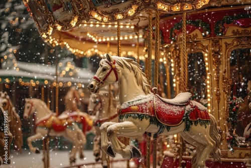 Carousel horses with festive lights and snowfall in winter, horizontal banner, copy space. Soft focus. holiday celebration, Christmas amusement, winter magic, childhood nostalgia