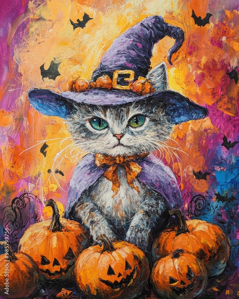 Fototapeta premium Adorable feline in witch attire surrounded by pumpkins on vibrant backdrop
