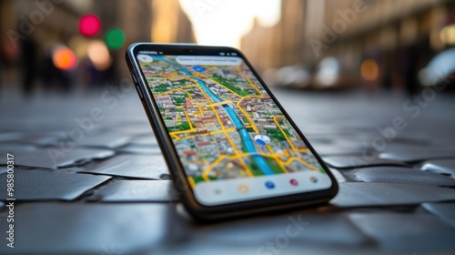 Smartphone Displaying Google Maps Navigation App with City Map and Route photo