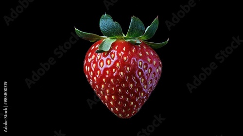 Wallpaper Mural A Single Red Strawberry with Green Leaves on Black Background Torontodigital.ca