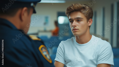 young man dressed with white t-shirt and jeans talks to police officer in a waiting room of the hospital